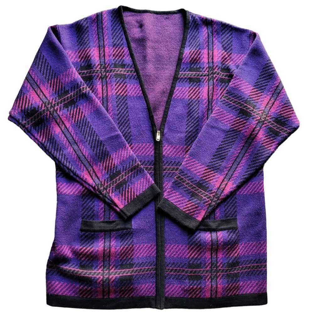80s Style Zipper Front V-Neck Cardigan, Unbranded Purple Tones & Pink Size large